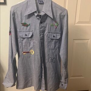 Embroidered Blue Button-Up Shirt